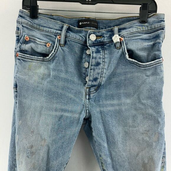 Purple Ripped Distressed Paint Spatter Skinny Jeans- Size 33" x 32" - Picture 3 of 16